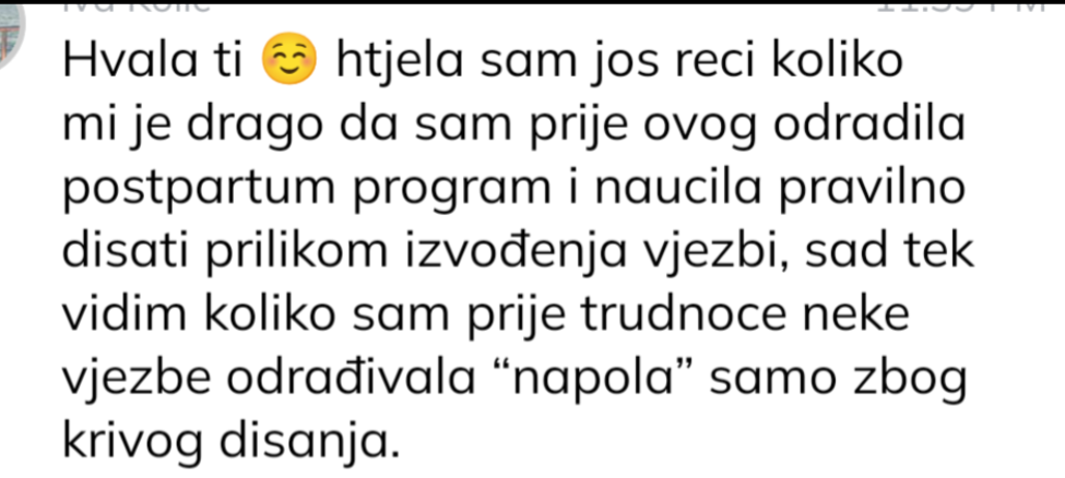 Iskustvo klijentice o pravilnom disanju tijekom vježbi nakon poroda