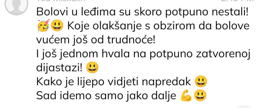 Iskustvo klijentice kojoj su se smanjili bolovi u leđima i zatvorila dijastaza