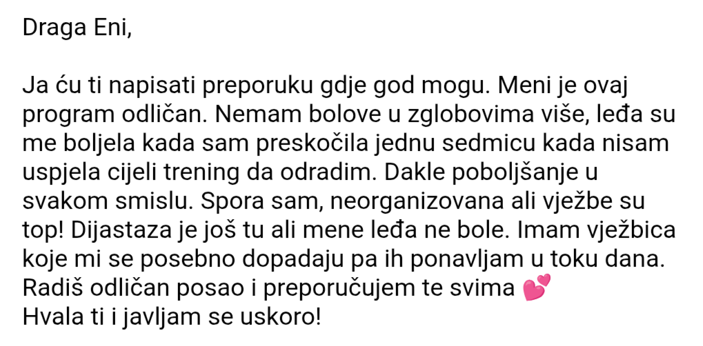 Iskustvo klijentice o nestanku bolova i napretku kroz program